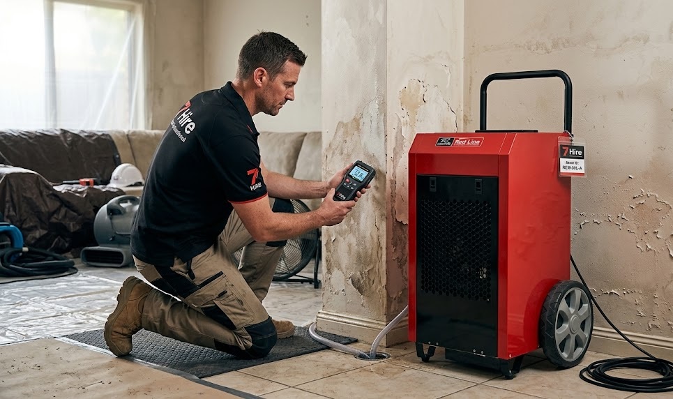 A 7 Hire technician in a branded uniform using a digital moisture meter on a water-damaged wall next to a red Remington 90L industrial dehumidifier during a flood restoration job in Auckland.