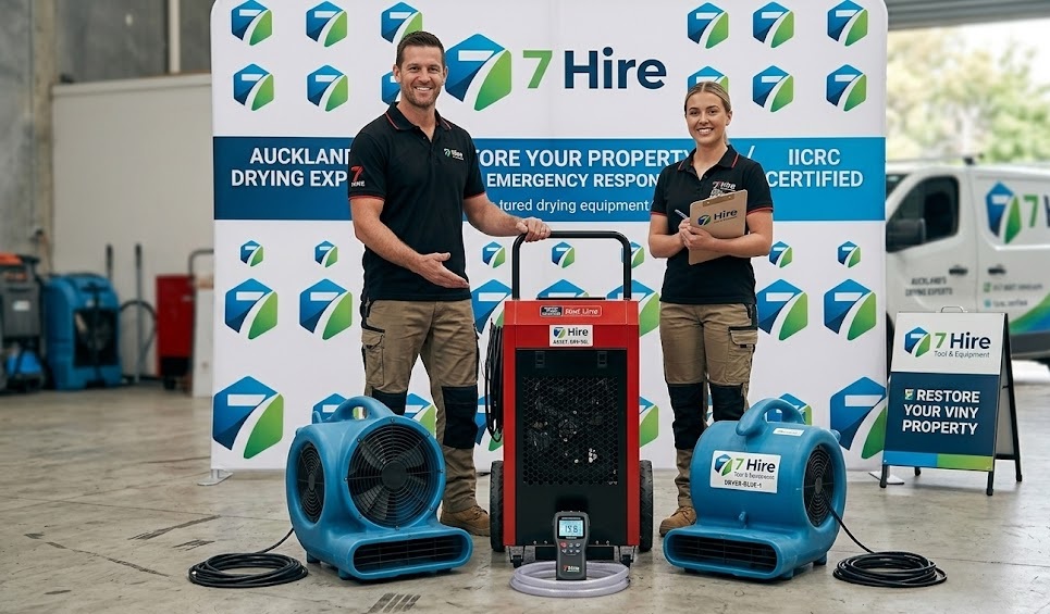 Two professional 7 Hire team members in branded uniforms standing with a flood restoration hire package, featuring a red Remington 90L industrial dehumidifier, two blue high-velocity air movers, and a digital moisture meter against a 7 Hire backdrop.
