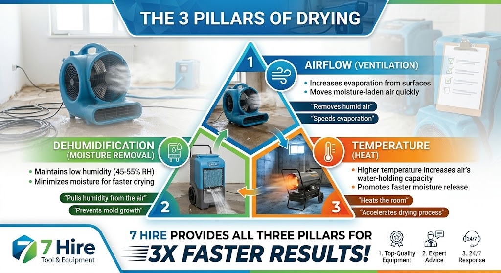 Professional infographic titled "The 3 Pillars of Drying" illustrating the relationship between Airflow (ventilation), Dehumidification (moisture removal), and Temperature (heat), showing how 7 Hire equipment achieves 3x faster drying results.