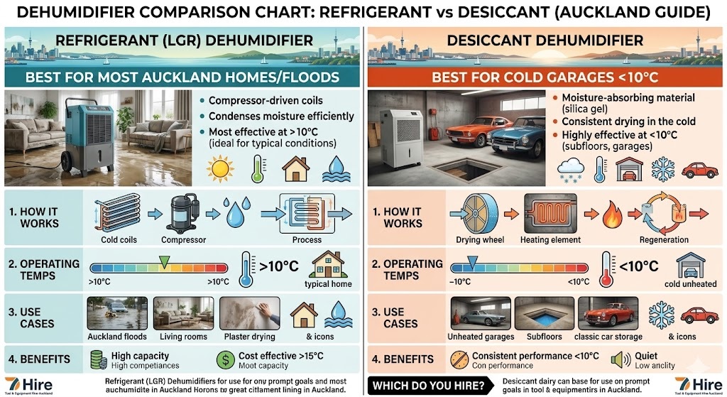 A detailed infographic comparing Refrigerant (LGR) and Desiccant dehumidifiers in an Auckland context, designed as a guide. The chart features specific sections comparing 'How It Works' with detailed diagrams, 'Operating Temperatures', 'Use Cases' (such as flood recovery, living rooms, cold garages, subfloors, and classic car storage), and 'Benefits' (cost effectiveness, performance). It ends with 'Which Do You Hire?' and logos for 7 Hire Tool & Equipment.