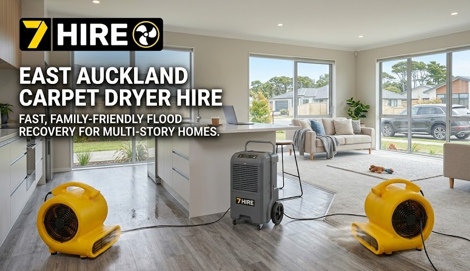 Website banner for 7 Hire East Auckland Carpet Dryer Hire, showing professional yellow carpet drying fans and a grey dehumidifier in use in a modern, open-plan kitchen and living room of a multi-story home. A person descends the stairs. The text overlays read '7 Hire' logo, 'EAST AUCKLAND CARPET DRYER HIRE', and 'FAST, FAMILY-FRIENDLY FLOOD RECOVERY FOR MULTI-STORY HOMES.