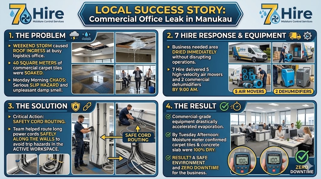 An infographic case study by 7 Hire detailing a commercial flood recovery in a Manukau logistics office. It shows the problem of soaked carpet tiles from a roof leak, the solution using 5 high-velocity air movers and 2 commercial dehumidifiers set up safely, and the result of a completely dry floor by Tuesday afternoon with zero business downtime.