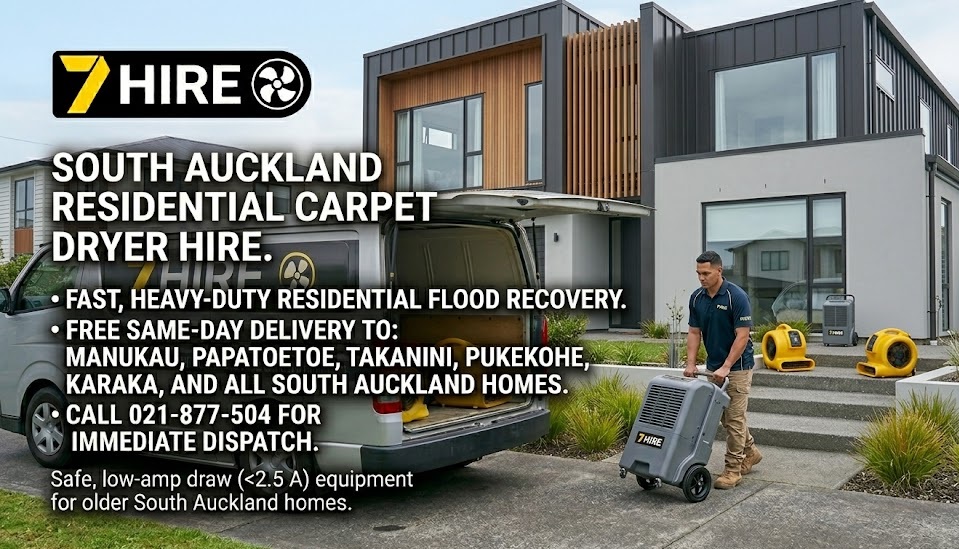 7 Hire website banner for South Auckland residential carpet dryer and dehumidifier hire. A 7 Hire technician unloads heavy-duty equipment, including yellow centrifugal carpet fans and a large grey industrial dehumidifier, from a delivery van in the front yard of a modern South Auckland home. Text overlays list service areas like Manukau, Papatoetoe, and Pukekohe, alongside contact information (021-877-504).
