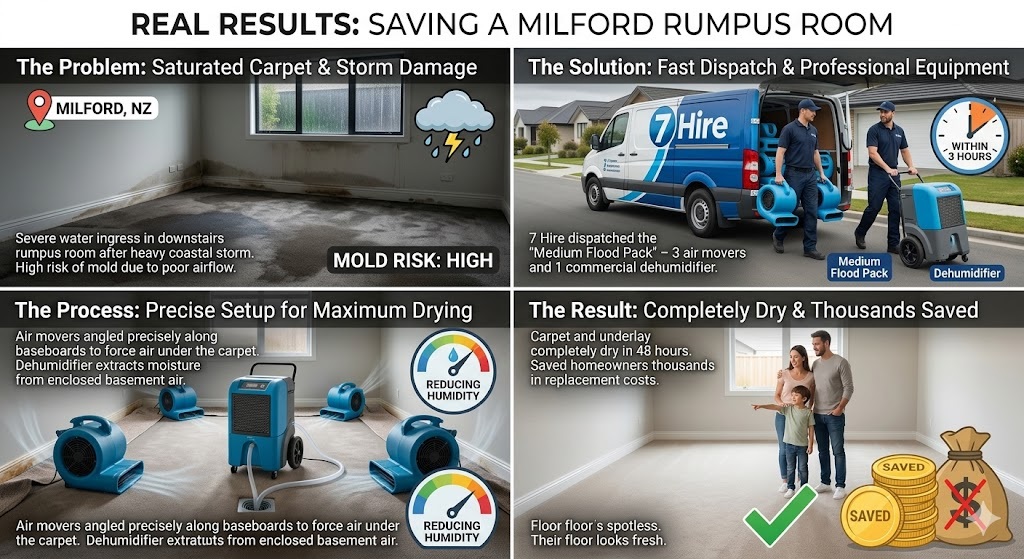 Infographic case study demonstrating 7 Hire's rapid response to a flooded basement in Milford on the North Shore. The image shows the progression from a water-damaged rumpus room to the quick dispatch of 3 commercial carpet dryers and a dehumidifier, the strategic equipment setup, and the final result of a completely dry carpet 48 hours later, saving the homeowners money.