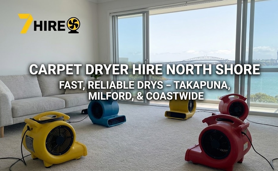 Commercial carpet dryers operating in a North Shore, Auckland living room, available for hire from 7 Hire.
