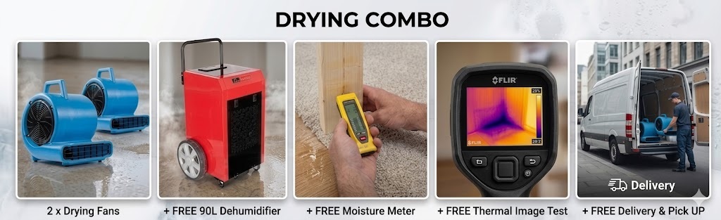 Drying combo package for hire featuring two high-velocity carpet drying fans, plus a free 90L commercial dehumidifier, moisture meter, thermal image test, and Auckland-wide delivery.