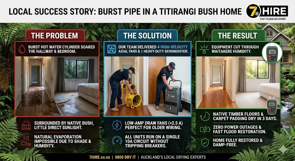 Infographic detailing a 7 Hire local success story in Titirangi. It shows a water-damaged bush home being successfully dried in 3 days using low-amp carpet drying fans and a dehumidifier.