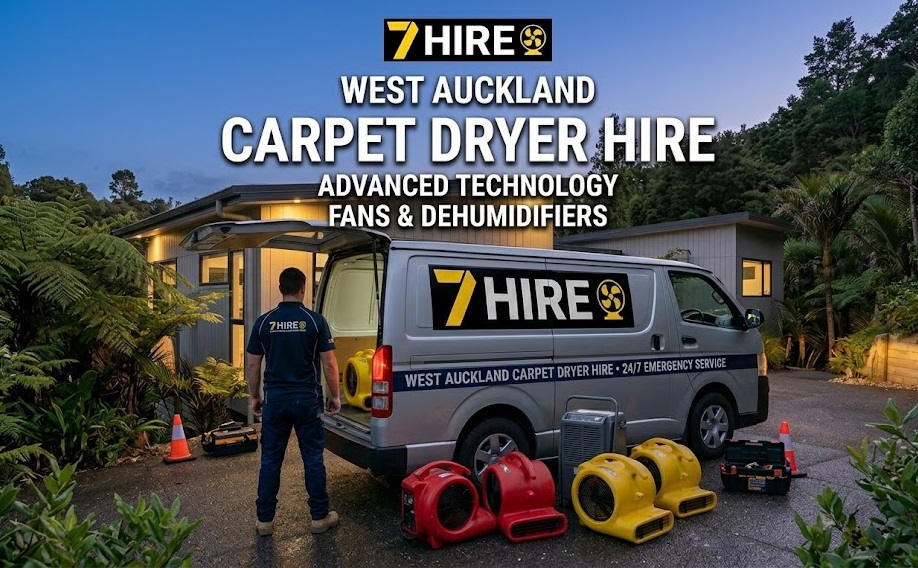A 7 Hire technician delivering commercial carpet dryers and a dehumidifier from a branded van to a home in West Auckland.